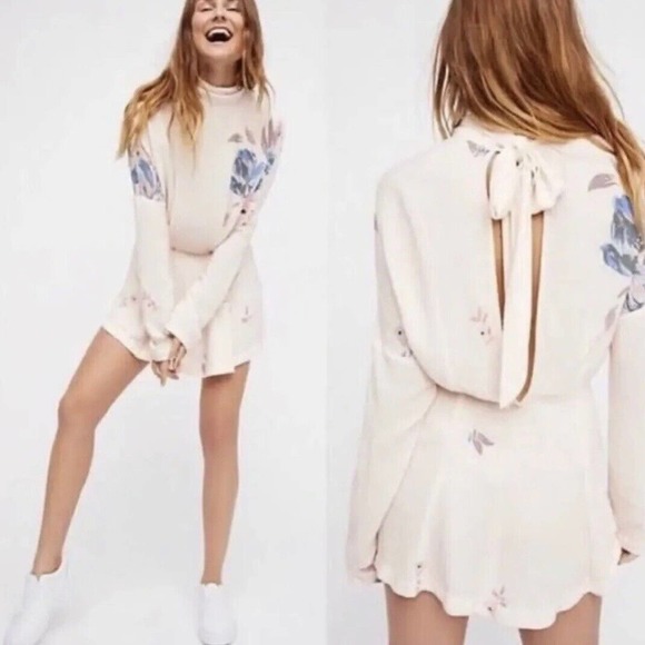 Free People Gemma Tunic Mini Dress‎ Ivory LARGE Floral Mock Neck Keyhole Back - Picture 6 of 16